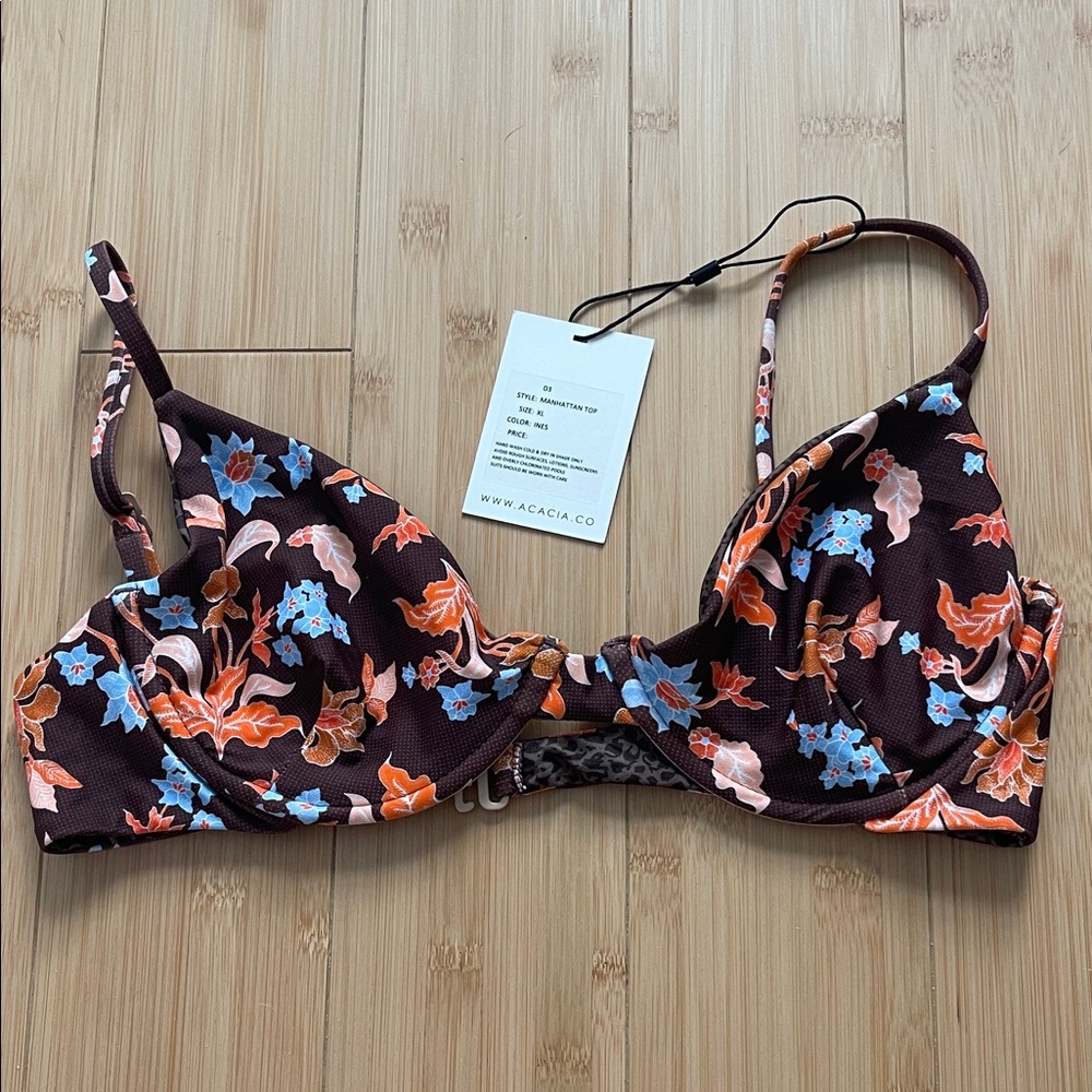 Acacia Swimwear Floral Bikini Top - Brown and Blue